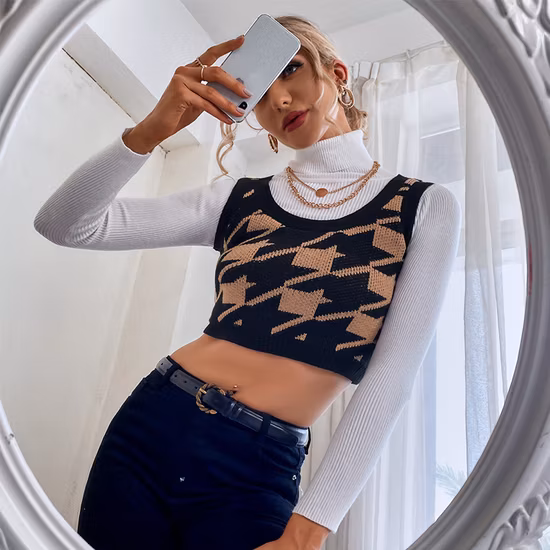 Suéter de colete argyle de verão com gola V xadrez de malha multicolorida diamante feminino colete suéter