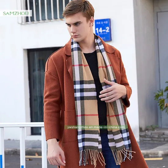 Venda quente cachecol xadrez de caxemira moda masculina xale com franjas