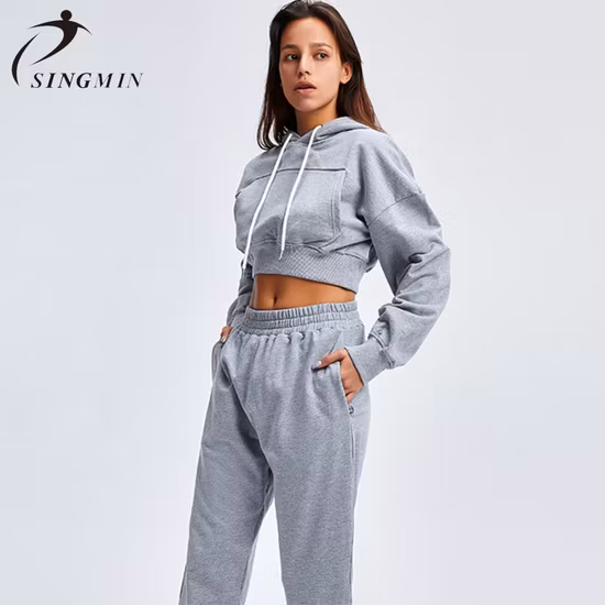 Feminino casual 100% algodão colheita superior camisola calças soltas terno engrossado conjunto de calças de duas peças