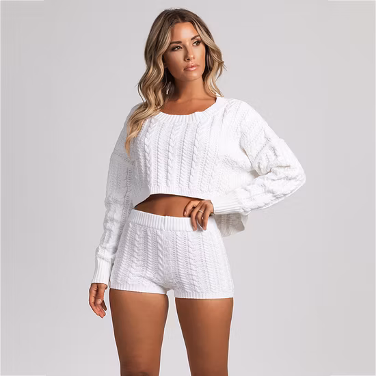 Conjunto de blusa feita malha feminina de cor sólida de manga longa personalizada OEM