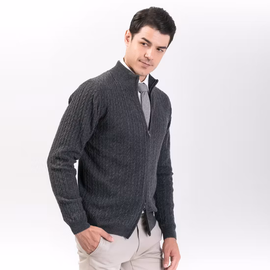 Moda masculina de lã caxemira com zíper duplo suéter cardigã